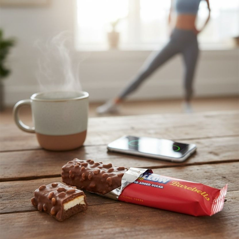 Une barre Protéinée Barebells Marshmallow Rocky Road poser sur une table