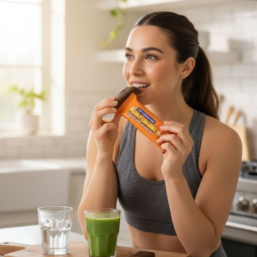 Femme qui mange une barre proteine Barebells Peanut Caramel