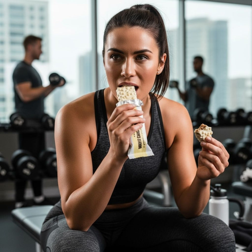 Femme mangeant une barre Barebells White Chocolate Almond dans une salle de sport