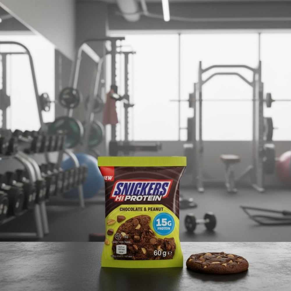 Cookies Hi Protein Snickers Chocolate & Peanut sachet posé dans une sallle de sport