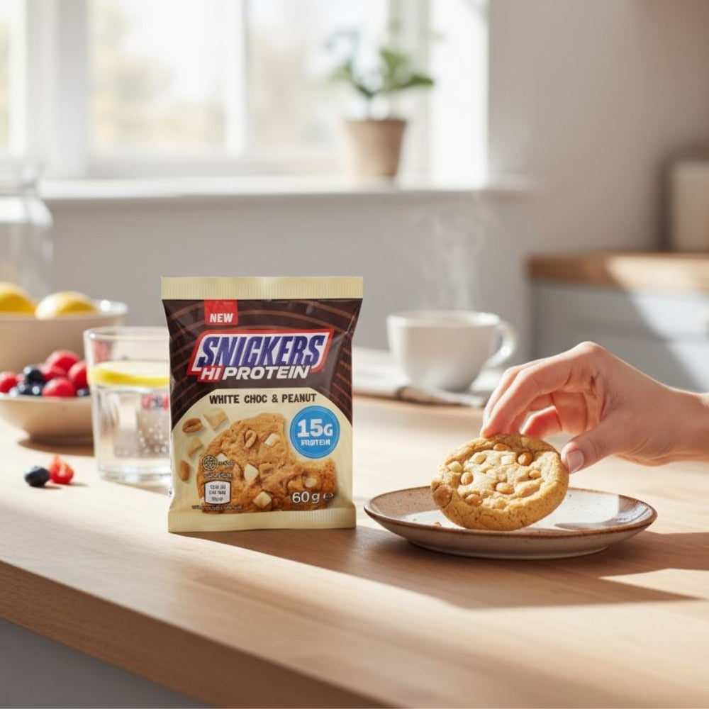 Cookies Hi Protein Snickers White Chocolate & Peanut sur une table