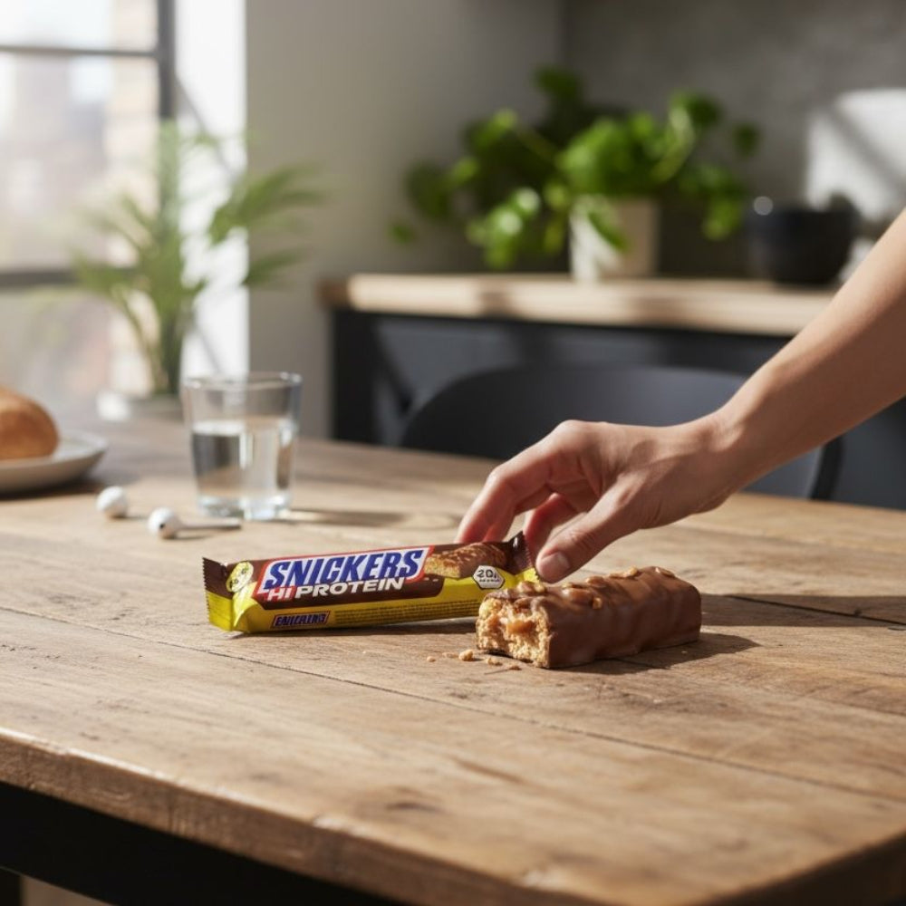 Barre Protéinée Snickers Hi-Protein poser sur une table