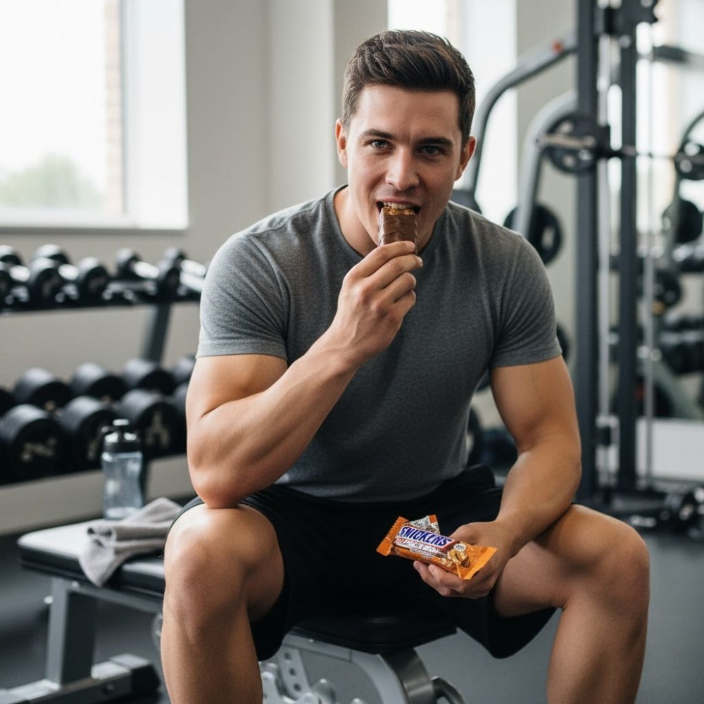 Homme mangeant une barre protéinée Snickers Hi-Protein Peanut Butter