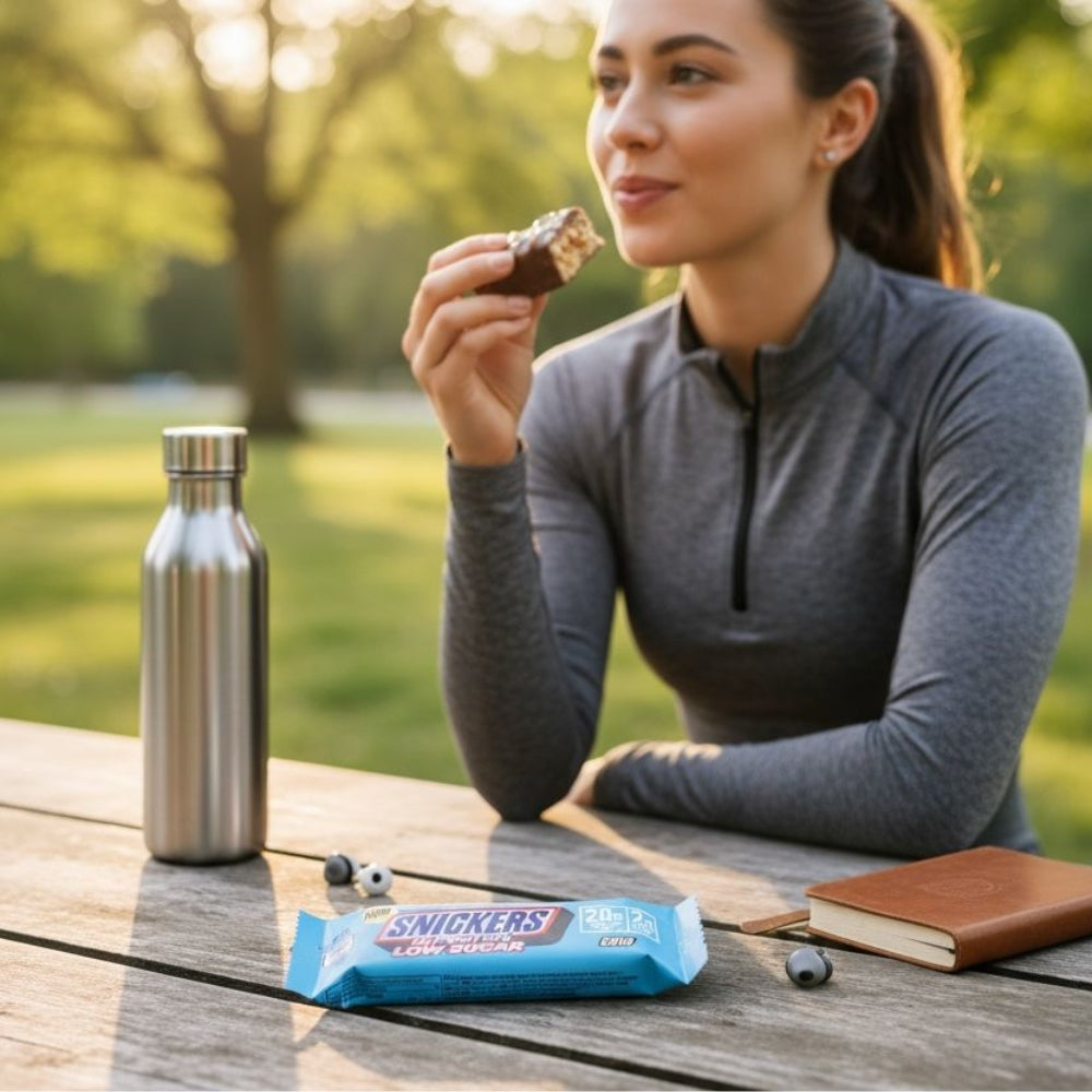 Une femme mangeant une barre protéinée Snickers HiProtein Low Sugar Crisp
