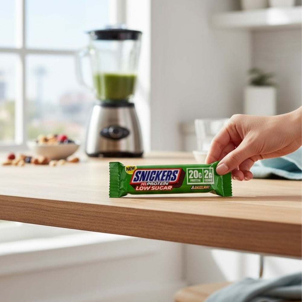 Snickers HiProtein Low Sugar Hazelnut sur une table