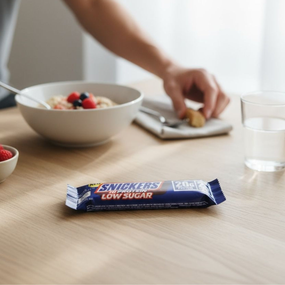 Snickers HiProtein Low Sugar Milk Chocolate poser sur une table